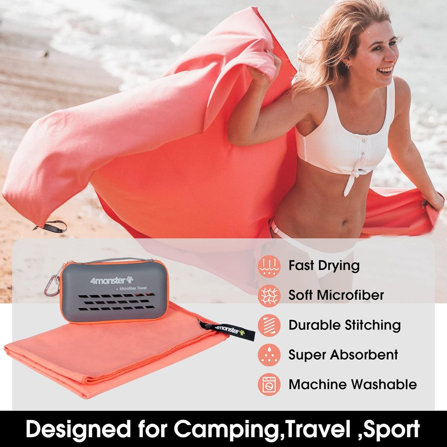 4Monster Camping Towels Super Absorbent, Fast Drying Microfiber Travel Towel, Quick Dry Ultra Soft Compact Gym Towel for Swimming Beach Hiking Yoga Travel Sports Backpack (31.50" x 15.80", Brickred)