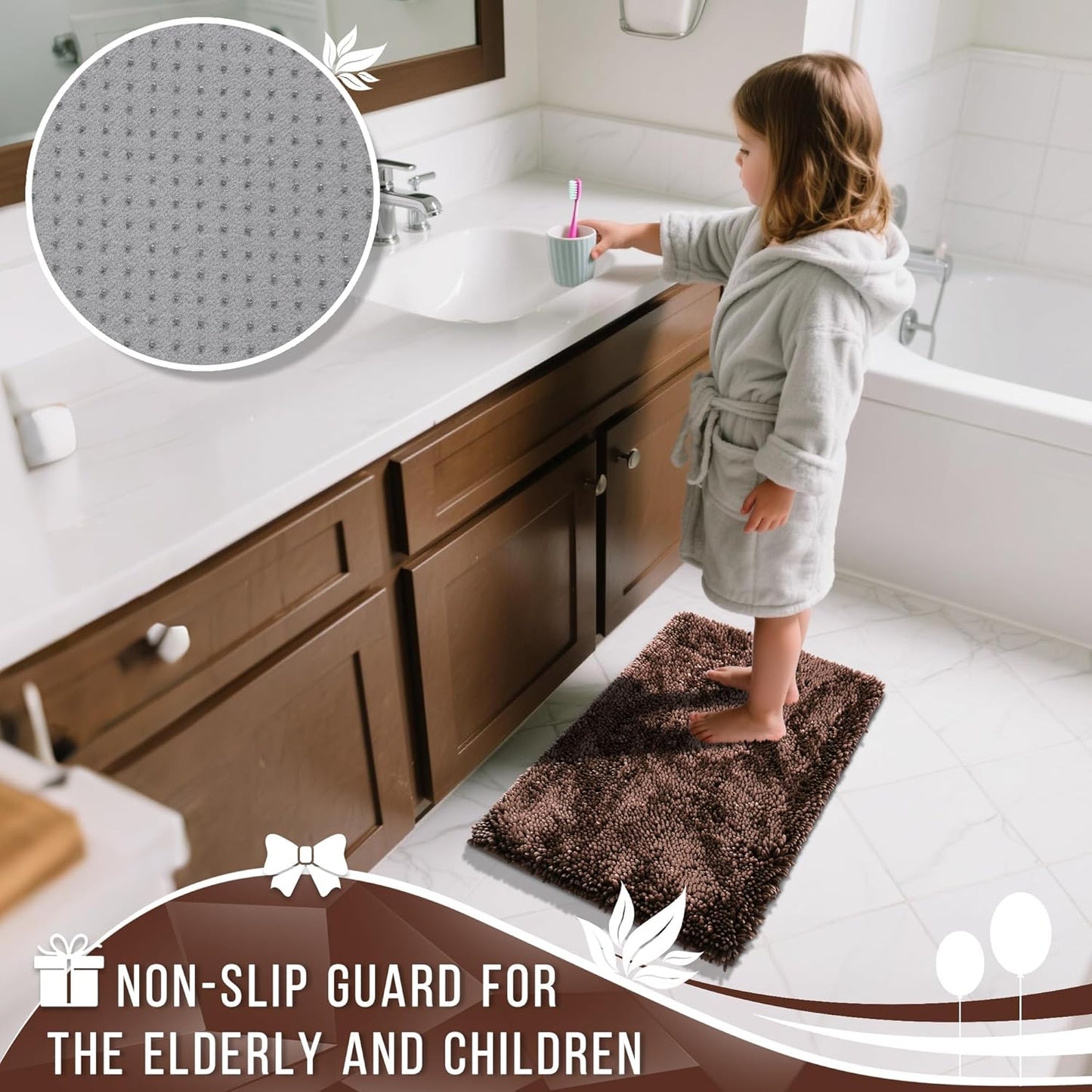 Yimobra Large Bathroom Rug Non Slip 36x24 Inch, Extra Thick Soft Absorbent Chenille Bath Mat, Machine Washable Quick Dry Bath Rugs for Bathroom Floor, Tub and Shower, Home Decor Accessories, Brown