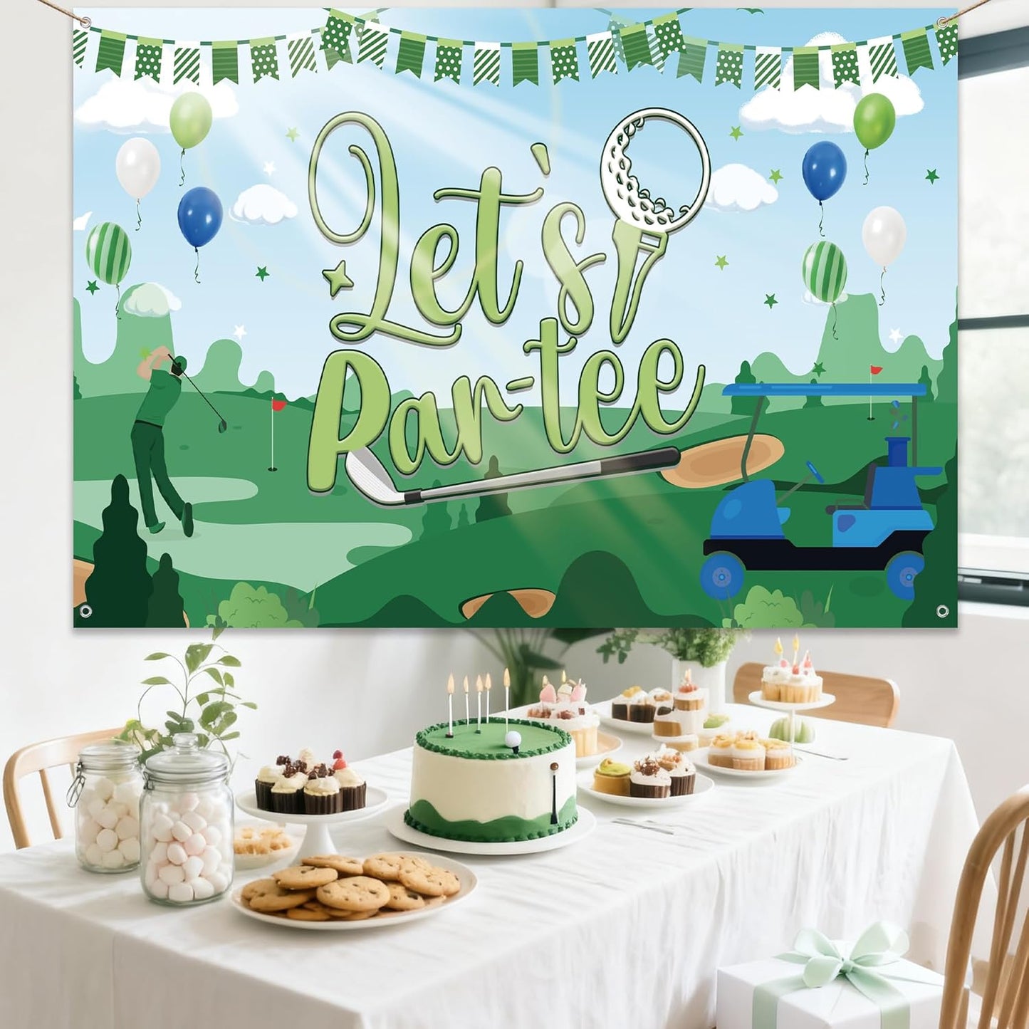 Golf Party Decorations Backdrop Banner - Let’s Par‑Tee Vinyl Photo Background for Retirement Birthday Decor, Golf Party Banners with Fairway Green Pattern Design (71x43 in)