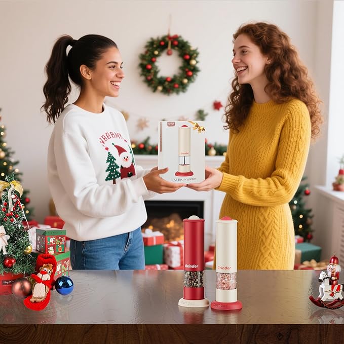 Christmas Gift/Deal Electric Salt and Pepper Grinder Set, USB Rechargeable Adjustable Coarseness Automatic Salt Pepper Mill Shakers/Grinder Kitchen Spice Mill, Home Chefs Idea for House Warming