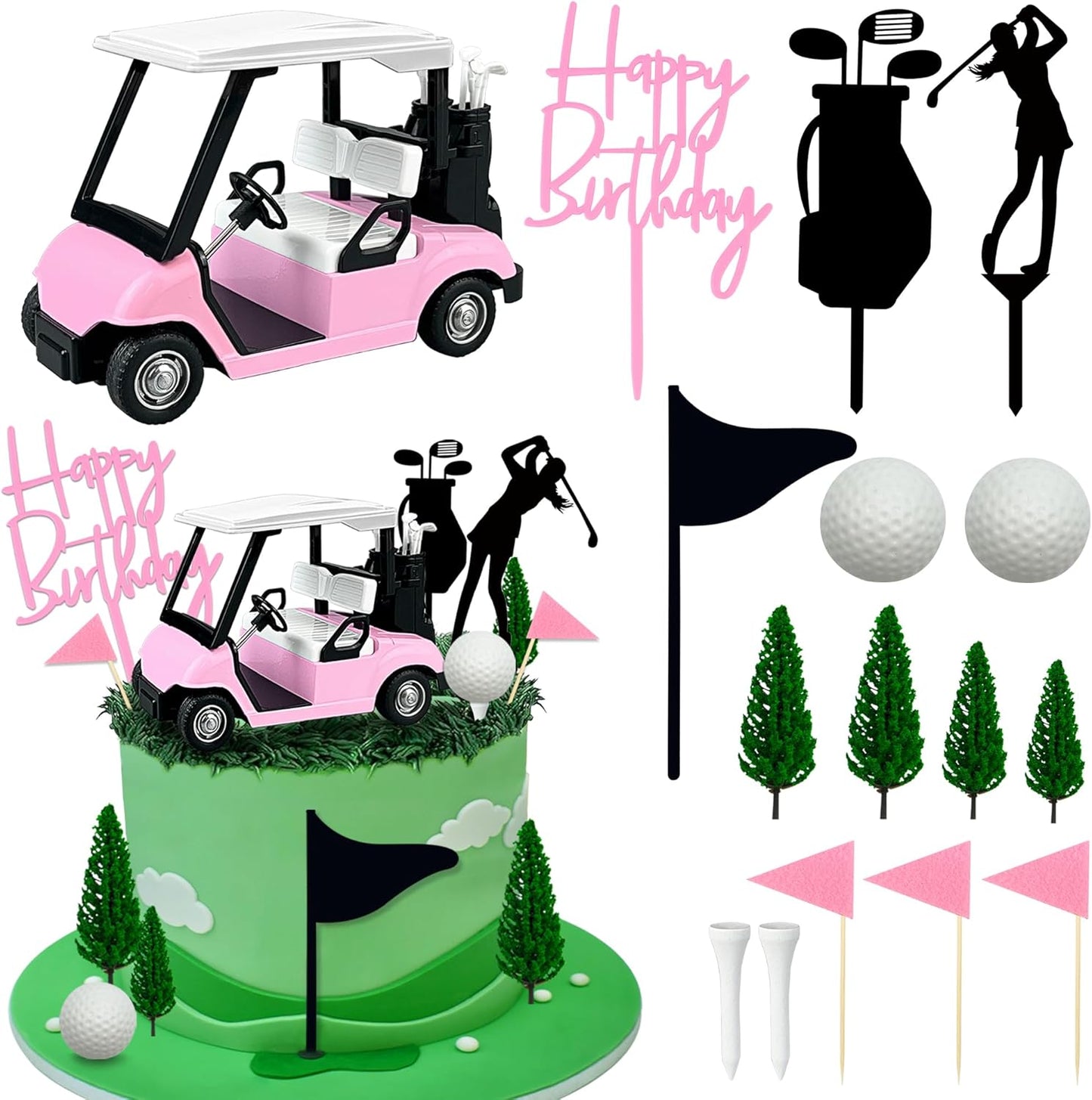 Golf Cake Decorations Golf Cart Cake Toppers Heading for The Pink Cake Topper with Cart Flag White Ball for Theme Party Supplies (Pink)