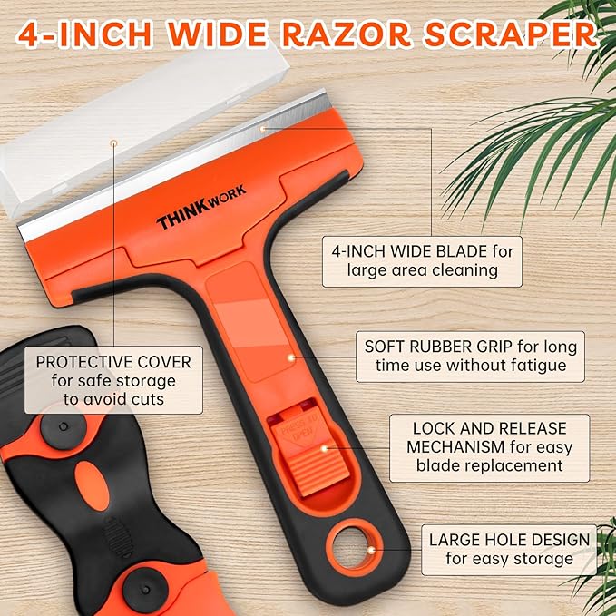 Razor Blade Scraper, 2 Pack Razor Scraper with 40Pcs Razor Blades, Multi-Purpose Cleaning Scraper Tool for Removing Decals, Tint, Stickers, Labels, Caulk, Adhesive from Window, Oven, Stove Top
