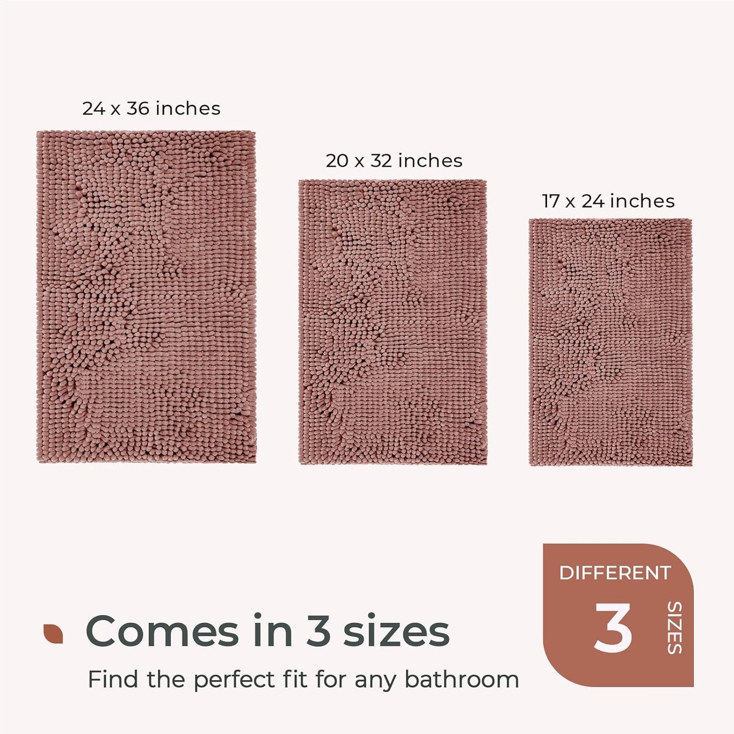 FRESHMINT Chenille Bathroom Rugs Mat 24"x17", Non-Slip Bath Mat for Bathroom Floor & BathTub, Washable Soft Shower Shag Bath Rugs, Durable Fluffy Thick Water Absorbent Microfiber Shower Mat, Rust Pink