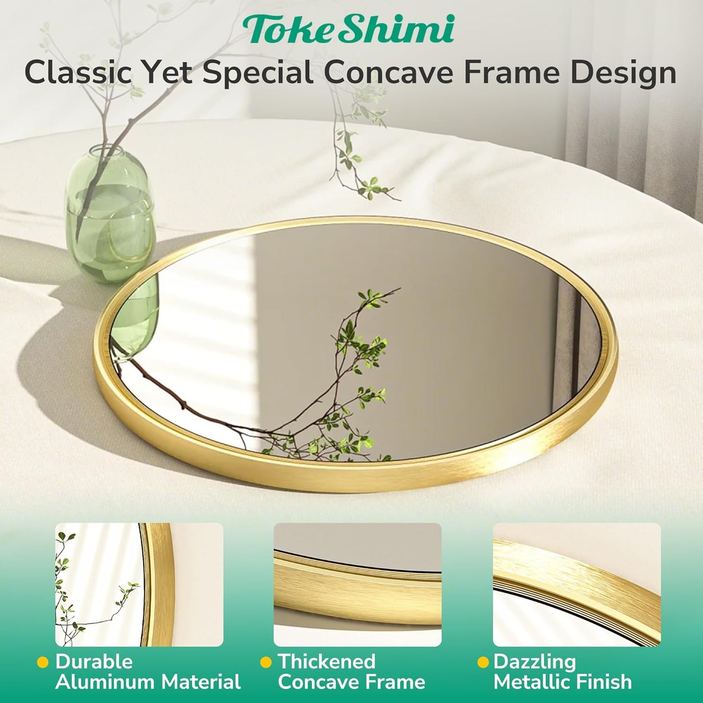 TokeShimi 30 in Round Framed Brushed Gold Mirror Bathroom Tempered, Shatterproof Mirror Circle 30x30 Farmhouse Aluminum Large Wall Mirrored for Vanity, Entryway, Bedroom, Restroom, Living Room