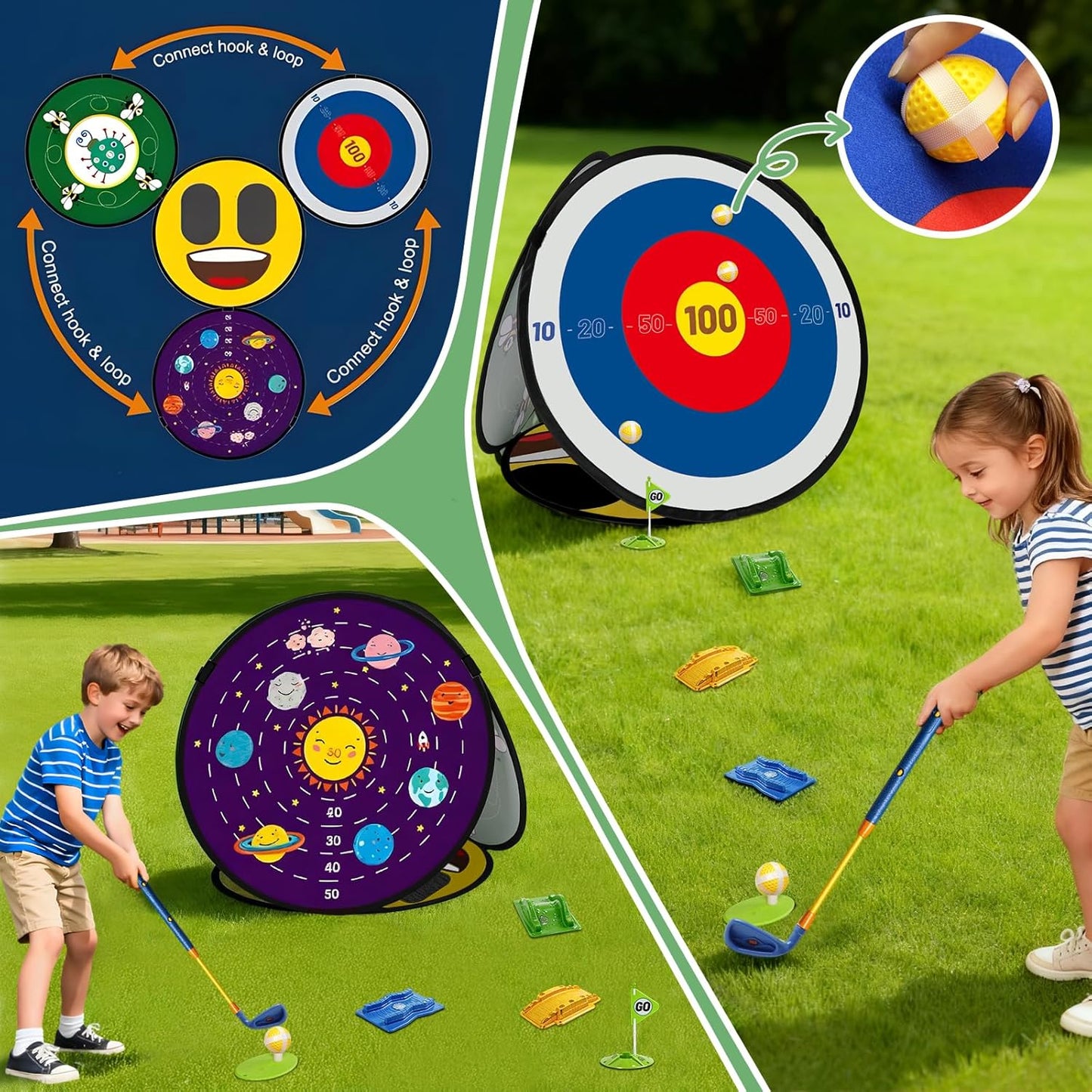 Kids Golf Set With Club - 28Pcs 4-In-1 Kids Sticky Golf Games Set , 4 -Sided Golf Chipping Net，Multiple Game Modes , Sports Outdoor Indoor Toys , Birthday Gifts for Girls Boys for 4 5 6 Years Old