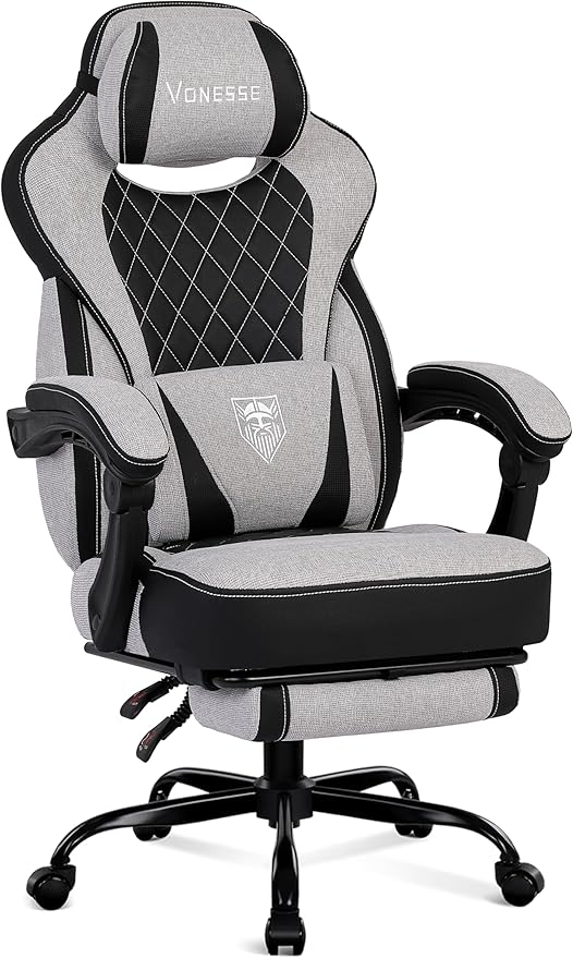 Vonesse Gaming Chair, Reclining Fabric Gaming Chairs for Adults 250LBS, Office Chair with Pocket Spring Cushion, Computer Chair with Footrest and Massage Lumbar Support (Light Gray)