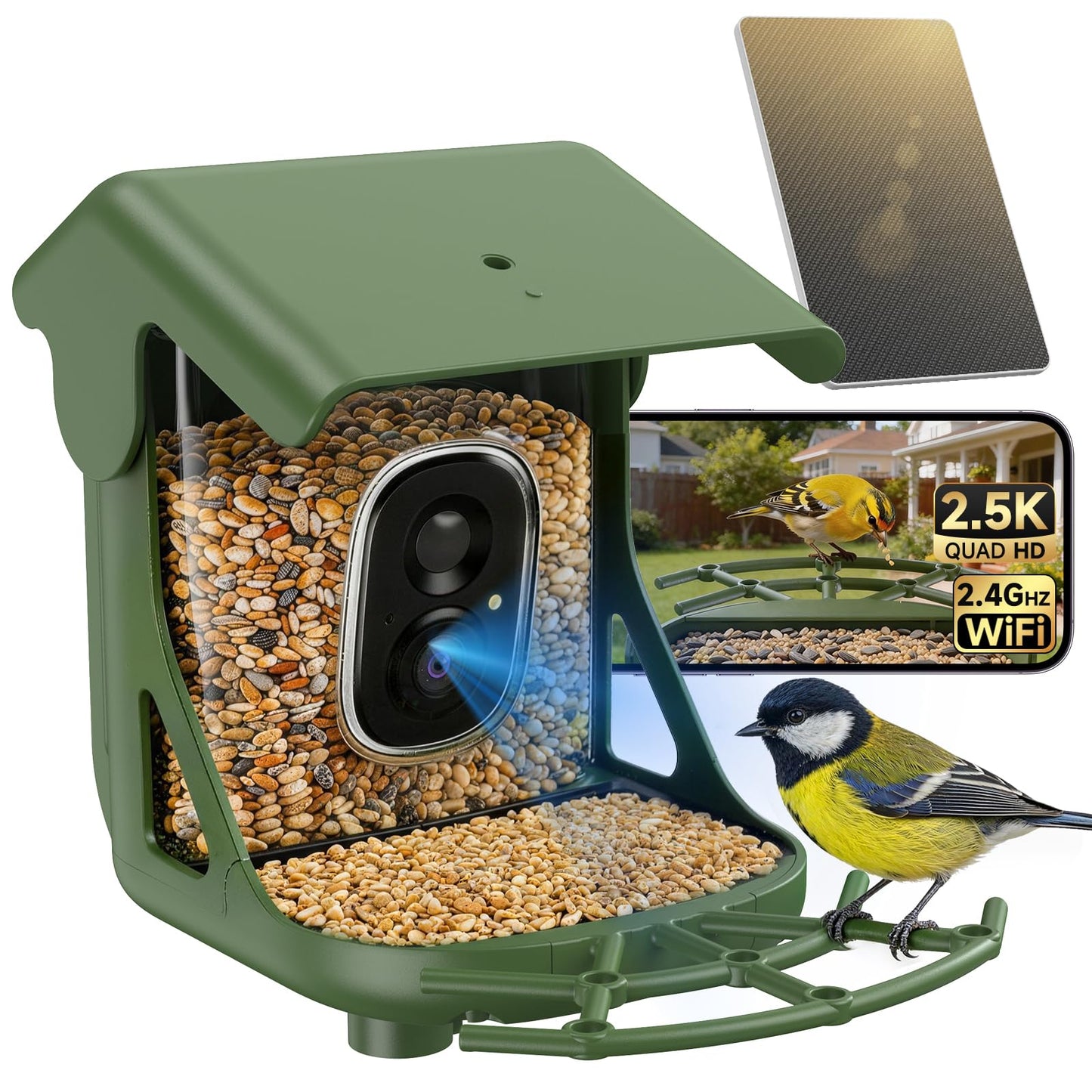 CINMOORE Smart Bird Feeder with Camera - Solar Powered, AI Bird Recognition, 2.4G WiFi 2.5K HD Video Live Stream, Full Color Night Vision, Instant Arrival Alerts, Weatherproof Bird House for Outside