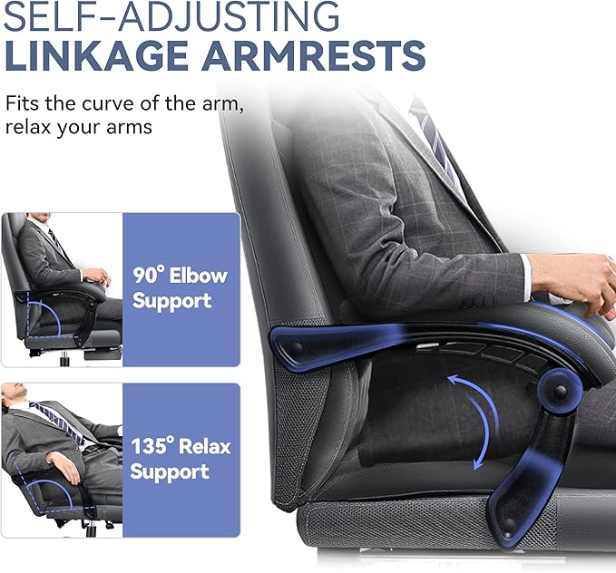 Office Chair, Big and Tall Office Desk Chair, Reclining Office Chair with Footrest Home Office Desk Chairs, High Back Ergonomic with Lumbar Support, Executive Leather