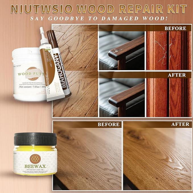Wood Furniture Repair Kit - Set of 34 - Laminate Floor Repair Kit with Wood Putty, 12 Colors Wood Filler & 8 Colors Furniture Markers and Beewax, Wood Repair Kit for Scratch Cracks Hole Discoloration