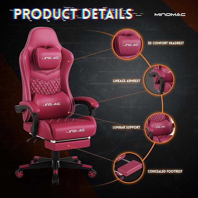 Gaming Chair,Ergonomic Computer Gaming Chair,400lb Load-Bearing,Retractable Footrest/Waist Support/Ergonomic Backrest[Spring + 4D Sponge] (RED)