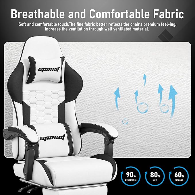 Gaming Chair, Fabric Computer Chairs with Lumbar Support and Massager, Ergonomic Office Chair with Footrest & Pocket Spring Cushion, Bearing 400 LBS（White）