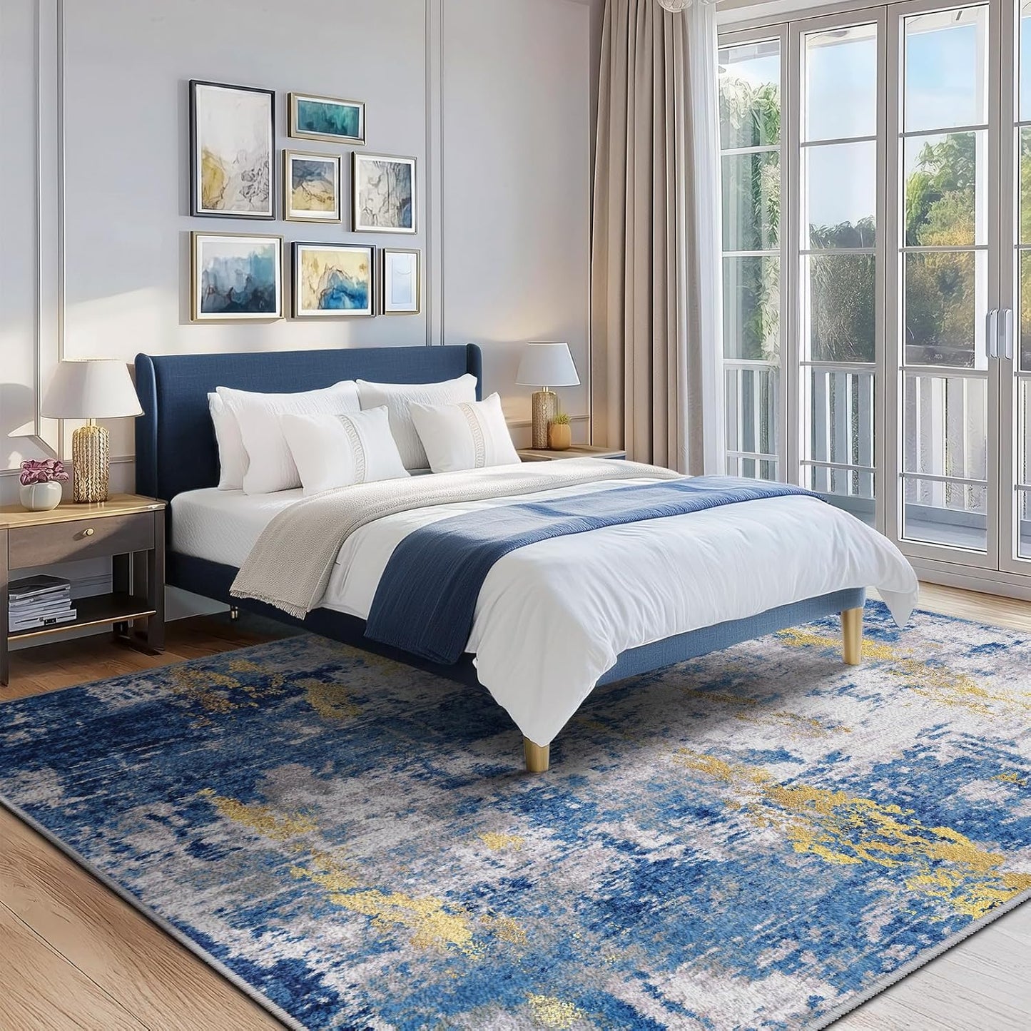 Washable Area Rugs 8'x10' Non-Slip Modern Abstract Soft for Living Room Entryway Bedroom Nursery, Print Pattern, Grey Blue Gold/Golden
