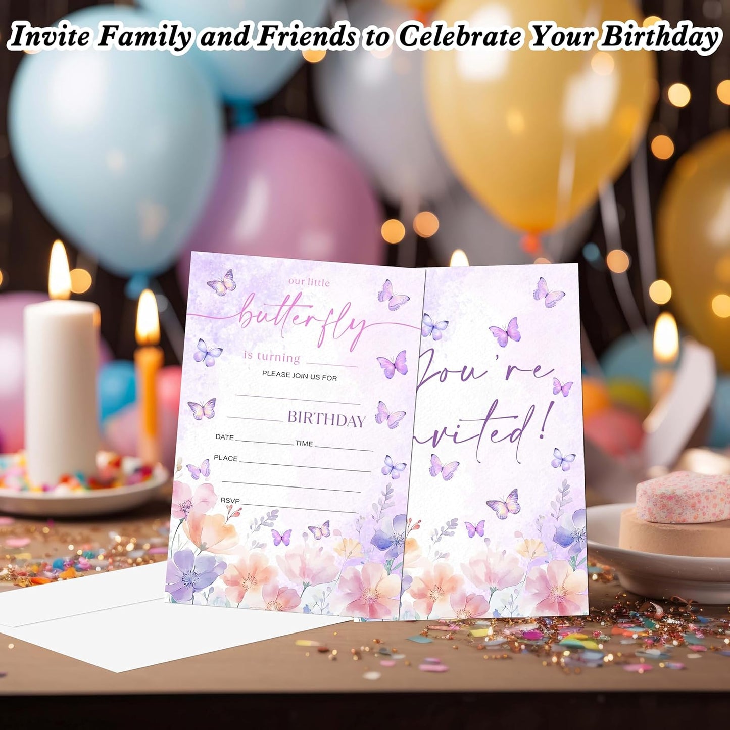 Butterfly Birthday Invitations, 20 Invitation Cards with Envelopes, Purple Floral Invites for Girl Party Decorations Favor Supplies - A01