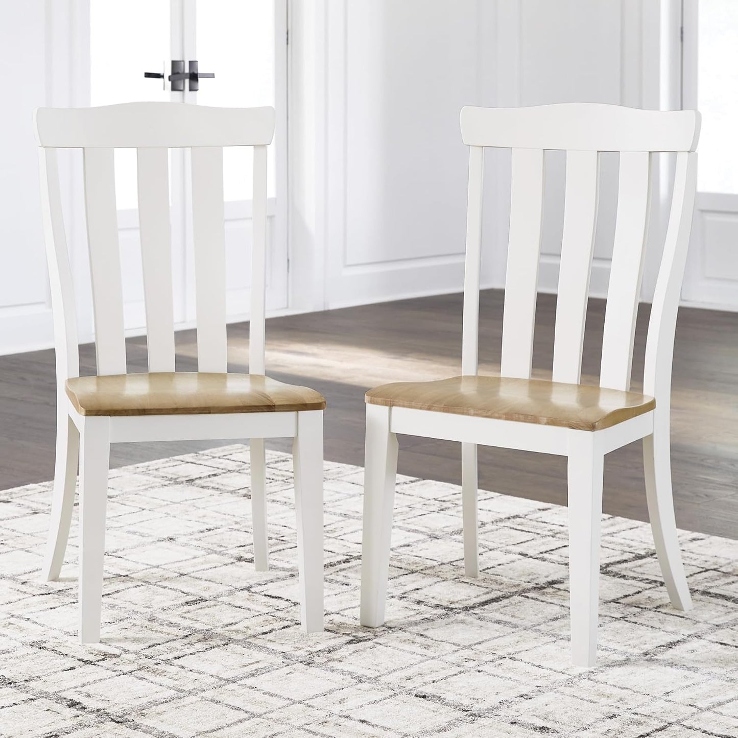 Signature Design by Ashley Ashbryn Farmhouse Armless Dining Chair with Bent Slat Back, Set of 2, White & Light Brown