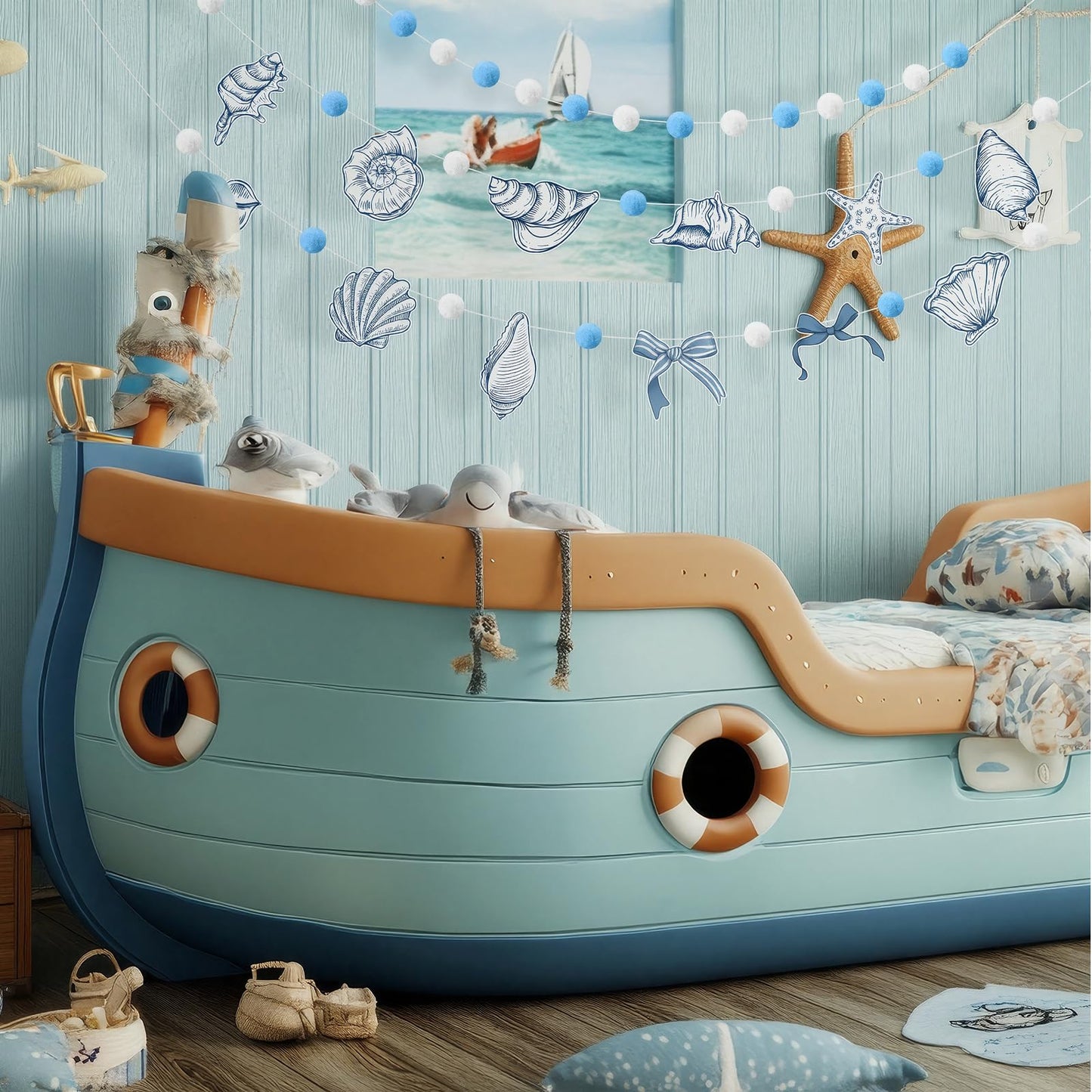 Frienda 3 Pcs Seashell Blue and White Felt Ball Garland Pom Pom Banner Carnival Themed Felt Ball Decoration for Backdrop Birthday Luau Mexican Tropical Party Christmas Decoration