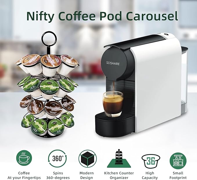 K-Cup Pod Carousel Holder and Organizer for 36 Pods - Spins 360 Degrees, Detachable, Modern Metal Design in Black for Home and Office Counters