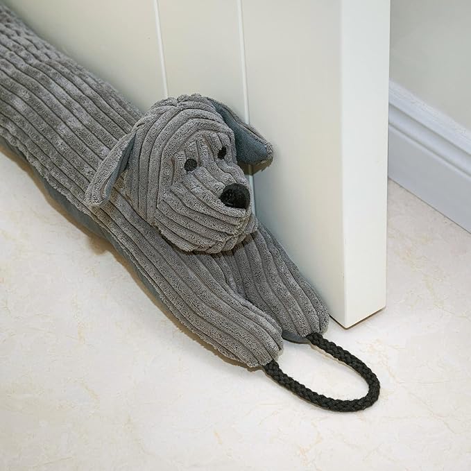 Marwood Under Door Draft Stopper Decorative Wind Stopper 32 inch for Door & Window, Weighted Animal Air Draft Stopper Snake Noise Blocker for Bottom of Door with Hanging Loops - Grey Dog