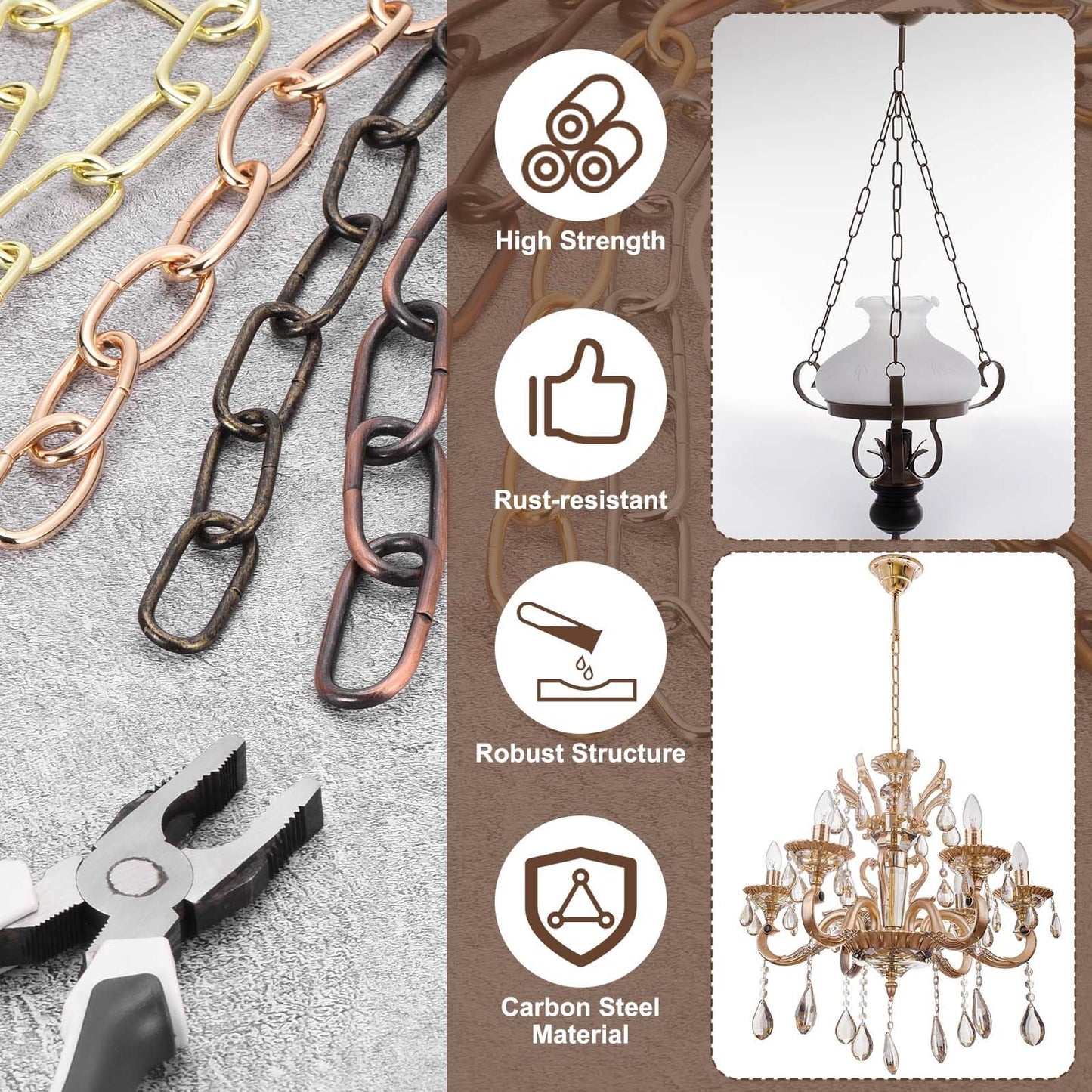 uxcell 7ft Lighting Hanging Chain, 2.4mm/0.09" Looping Metal Pendant Chandelier Chain Extension with 2 Spring Snap Hook for Hanging Plant Pendant Chandelier Light Fixture, Bronze