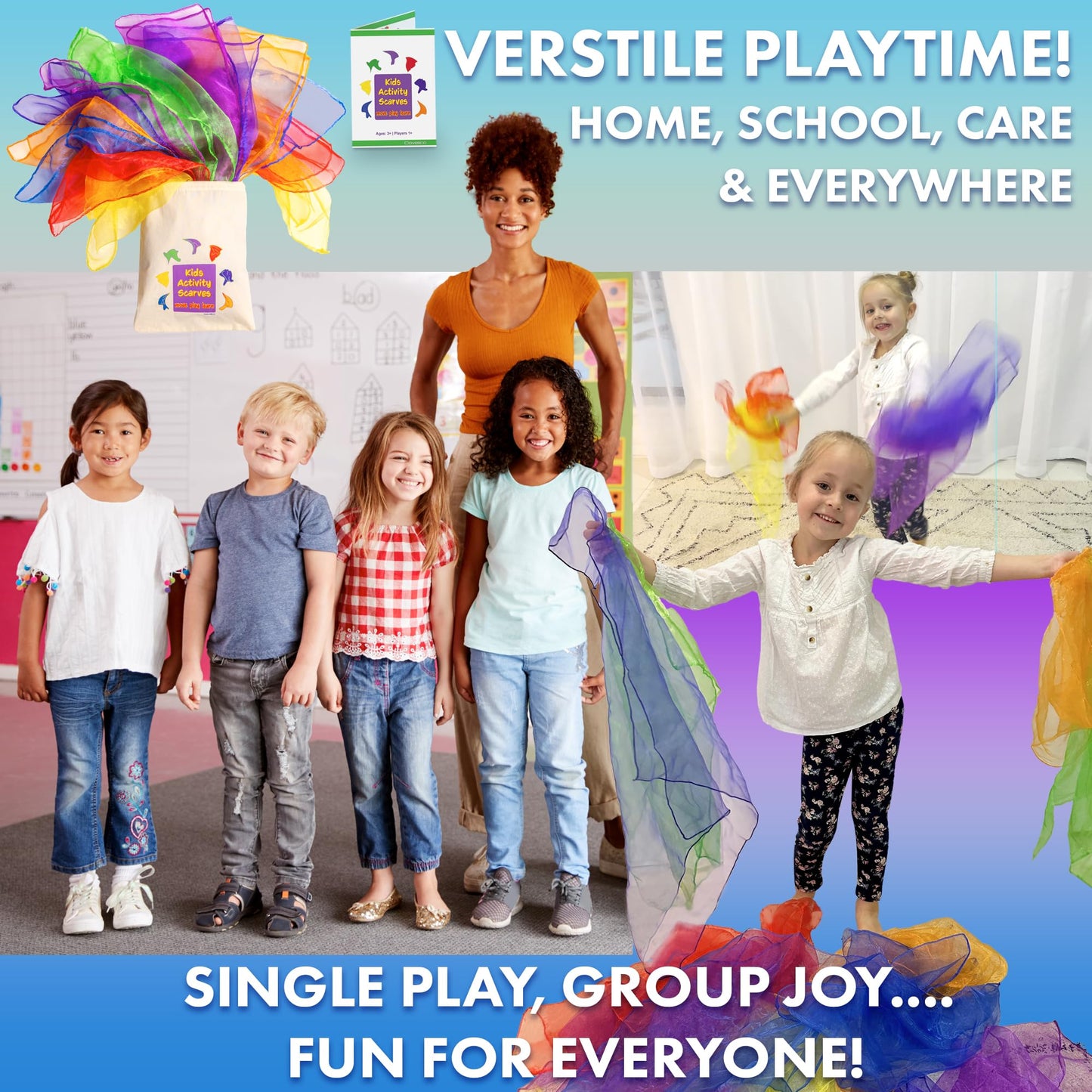 Covelico Play Scarves for Kids (14 Pack) – Montessori-Inspired Sensory Dance Scarves for Toddlers & Preschool, 7 Pairs of Music & Movement Props for Classroom, Daycare & PE, Waldorf Gross Motor Toys