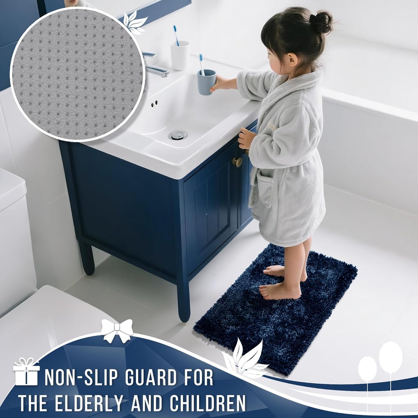 Yimobra Long Bathroom Rug Non Slip 44x24 Inch, Extra Thick Soft Absorbent Chenille Bath Mat, Machine Washable Quick Dry Bath Rugs for Bathroom Floor, Tub and Shower, Home Decor Accessories, Navy Blue