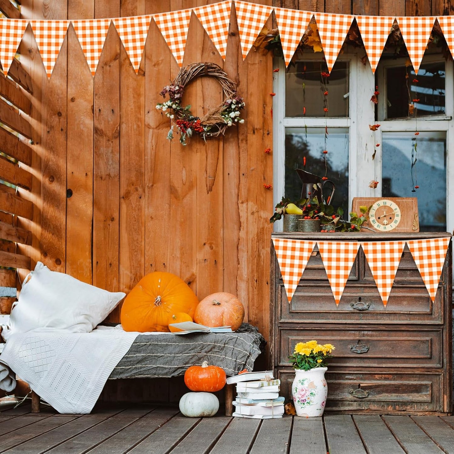 Pasimy 49.21 ft 60 Pieces Orange Gingham Pennant Banner - Fall Thanksgiving Checkered Garland Decor, Gingham String Triangle Flags for Birthday Baby Shower Little Cutie Party Decorations Supplies