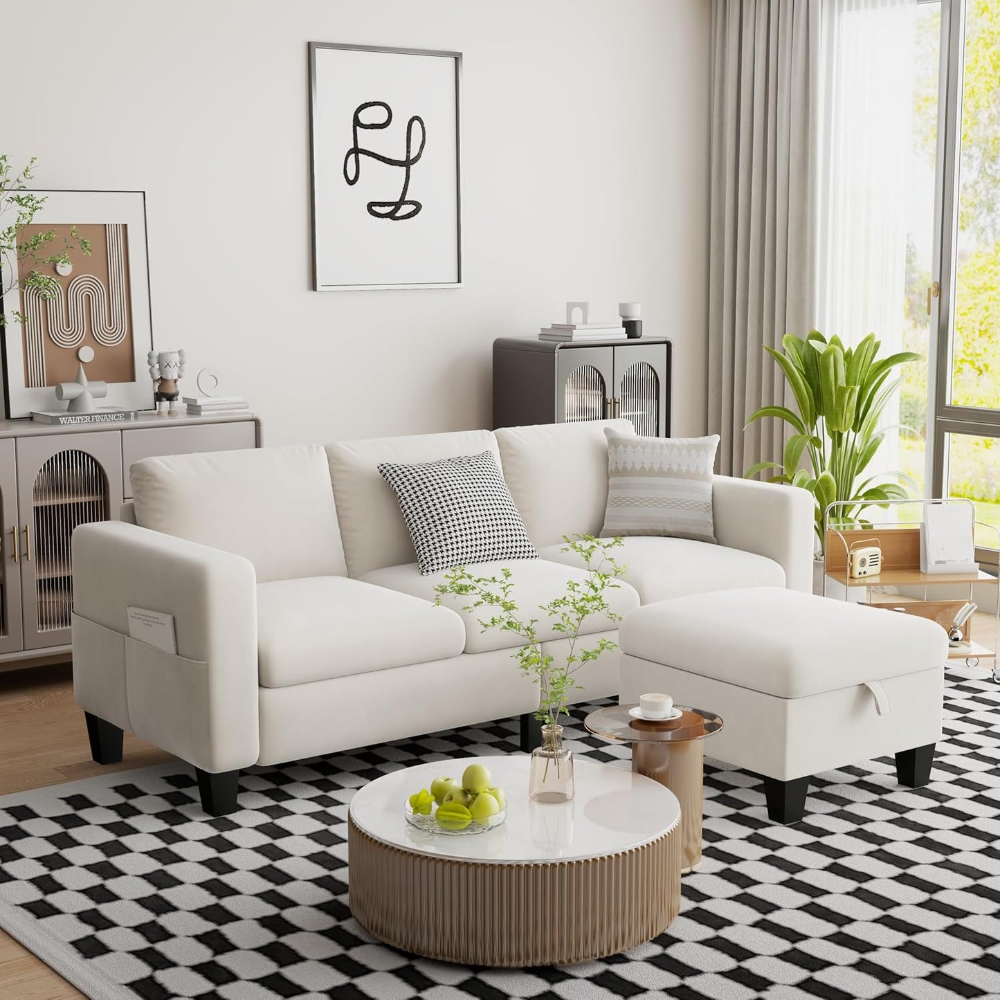 ZeeFu Convertible Sectional Sofa Couch, 3 Seat L-Shaped Sofa with Movable Ottoman, Modern Mocha Brown Velvet Linen Upholstered Small Sectional Sofa Couch for Small Space Apartment Living Room Office