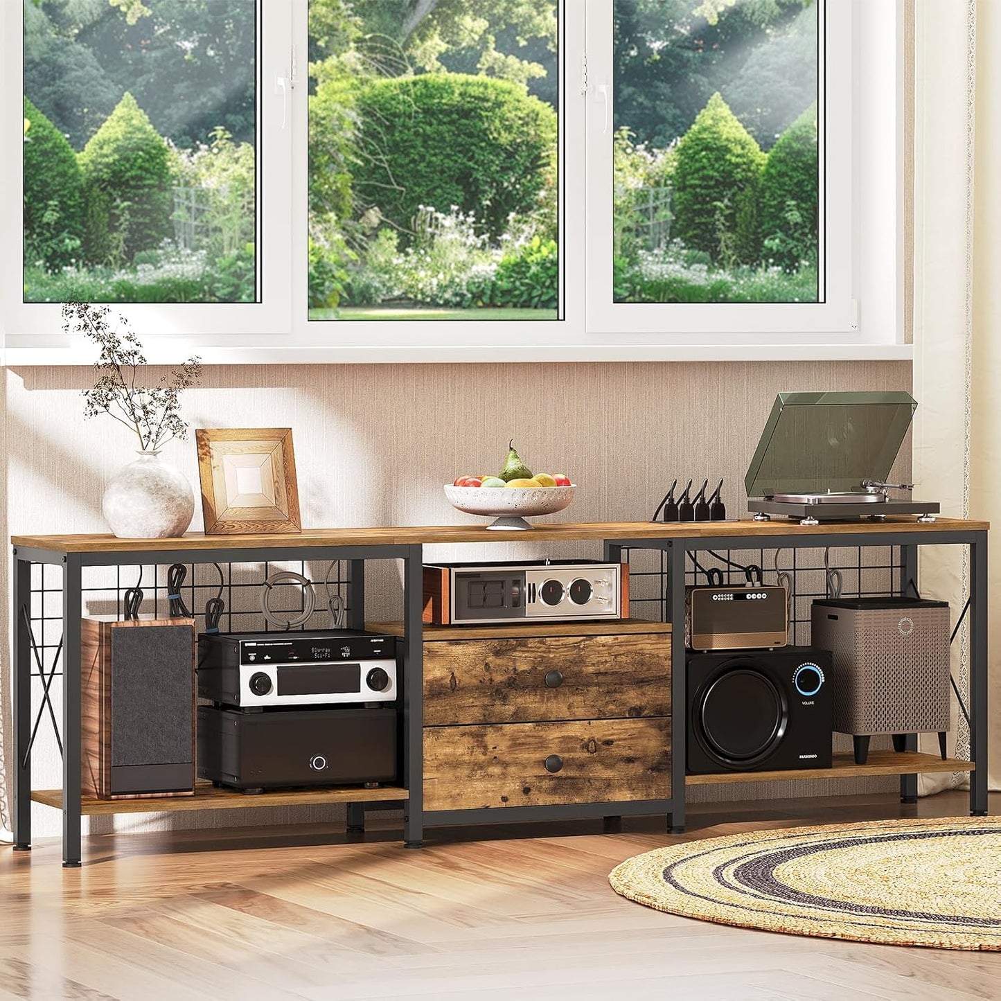 TV Stand with Power Outlet Up to 75 Inch, Entertainment Center with 2 Fabric Drawers, TV Console Table with Open Storage Shelves for TVs, Cable Management, for Living Room, Bedroom, DS18UBRY1