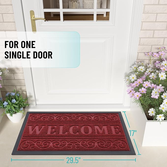 OLANLY Welcome Door Mat Indoor Outdoor Entrance, Heavy Duty Sturdy Front Door Mat, Waterproof All-Weather Doormat, Stain Resistant, Low Profile, Easy Clean Patio Entryway Mat, 36 x 24, Wine Red