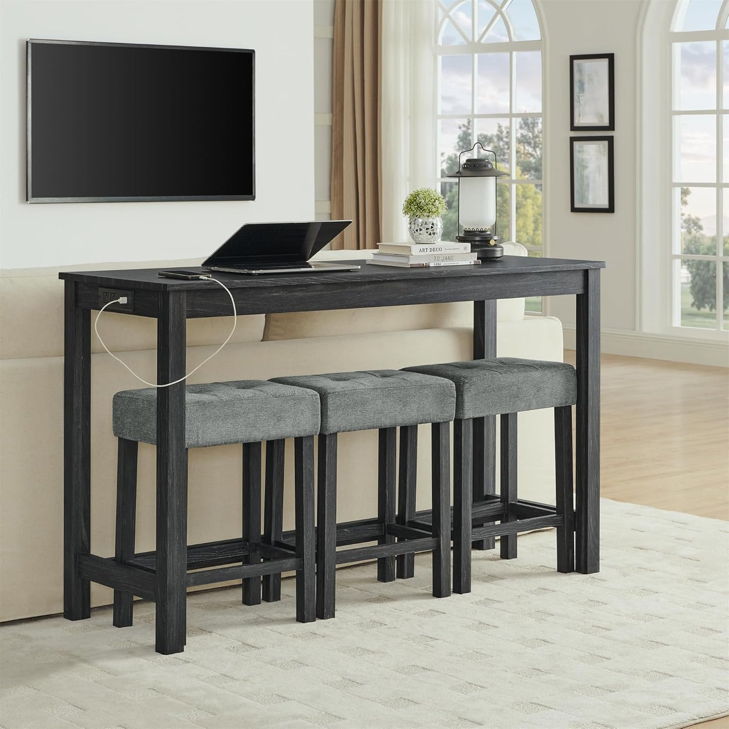 Ball & Cast 4 Piece Kitchen Dining Room Table and Chairs Set, Farmhouse Wooden Counter Height Bar-Sets w/USB Ports & Power Outlet & 3pcs Stools, 59" Sofa-Table Barstool w/Charging Station, Black