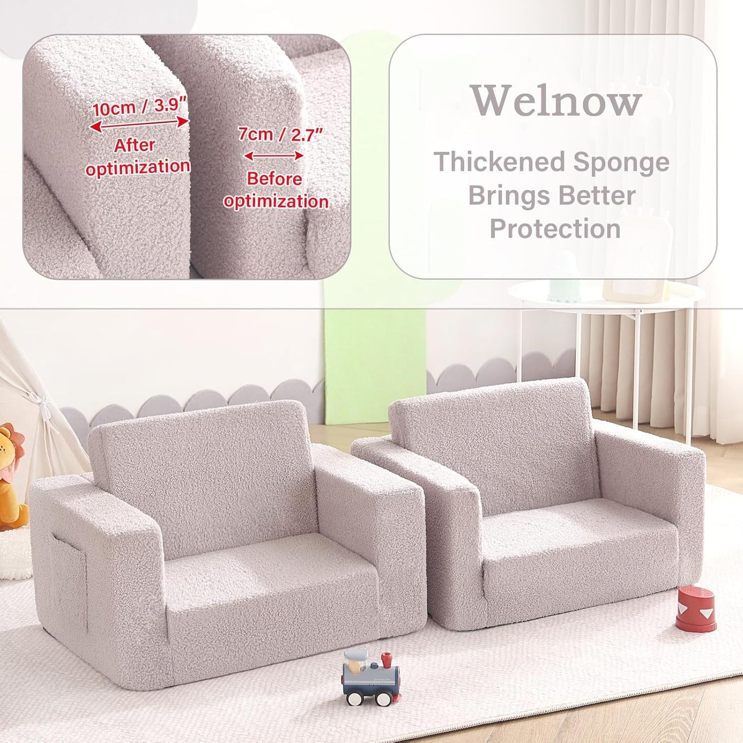 Welnow Toddler Chair, 2-in-1 Soft Sherpa Kids Sofa, Convertible Toddler Couch Lounger, Flip Out Kids Couch Chair with Side Pockets & Removable Cover for Girls and Boys, Grey