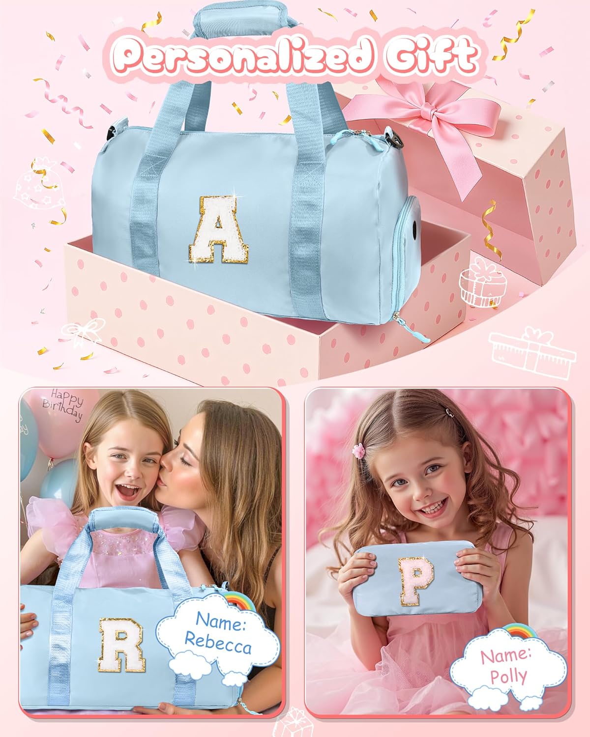 Easter Gifts for Kids-Girl Gym Bag with Shoe Compartment, Kid Personalized Weekender Overnight Bags, Initial Travel Tote with Makeup Pouch, Valentines Day Gift for Girls (Letter R)