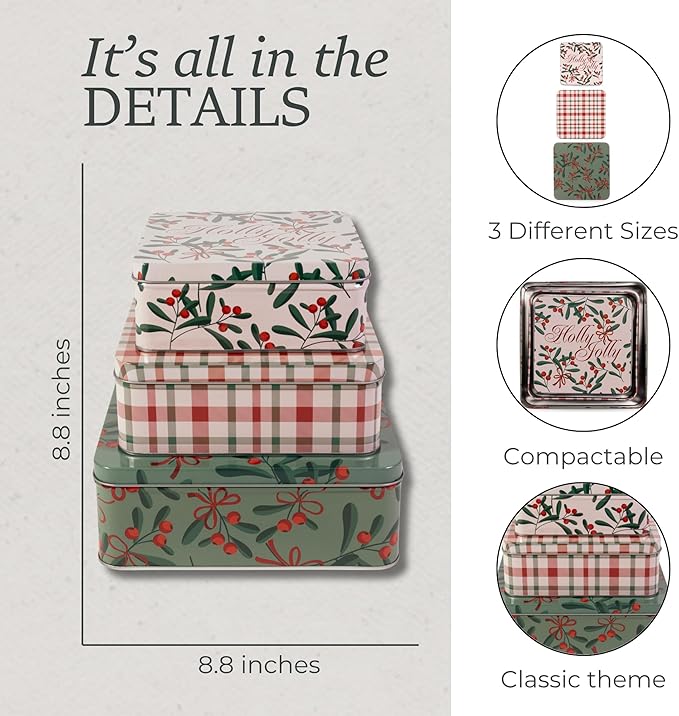 Steel Mill & Co Tin Containers with Lids, 3 Pack Christmas Cookie Tins, Festive Cookie Tins for Gift Giving & Holiday Treats, Square Metal Nesting Containers (Holly Jolly)
