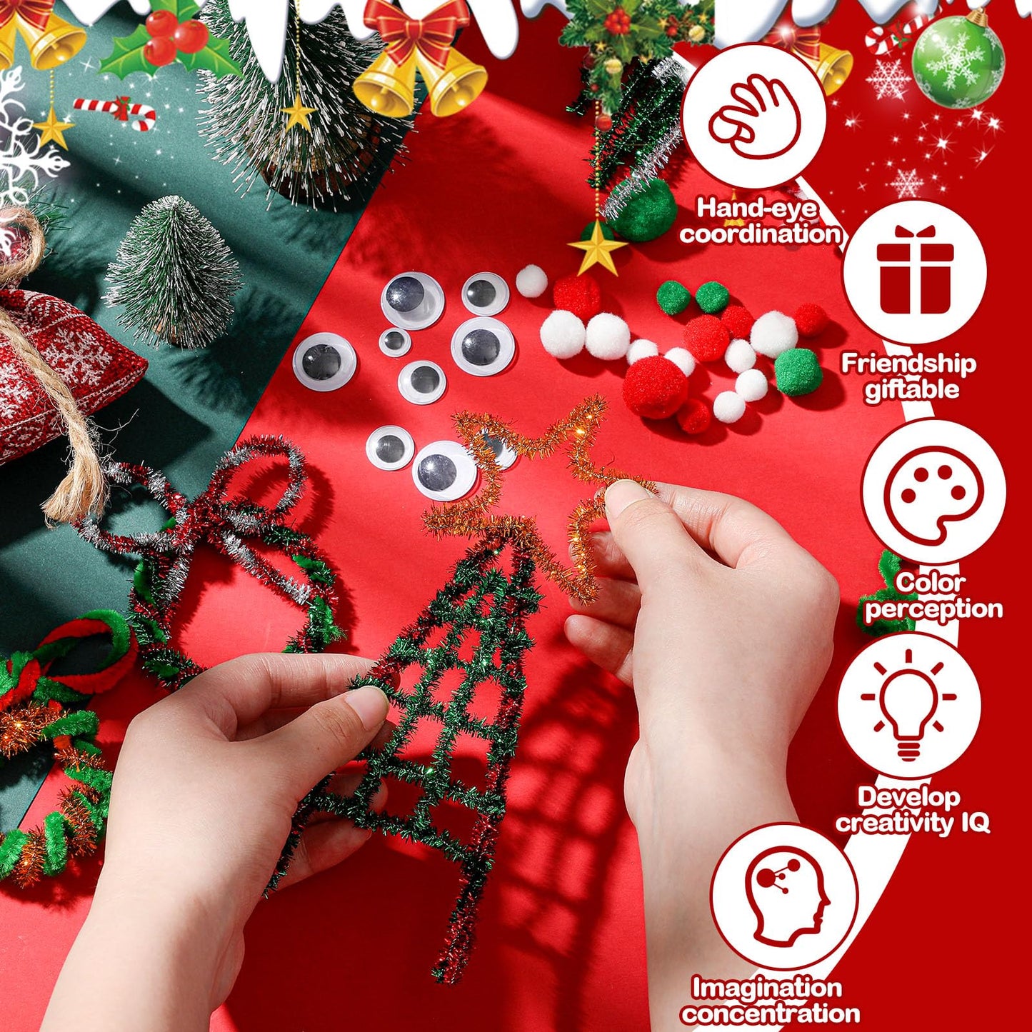 Juexica 300 Pcs Christmas Pipe Cleaners Craft Set Including Glitter Chenille Stems Poms Self Adhesive Wiggle Googly Eyes Creative Arts Chenille Stems for Christmas Decoration DIY Art Craft (Assorted)
