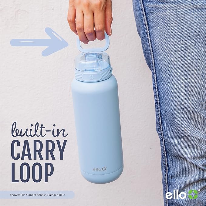 Ello Cooper 40oz Stainless Steel Water Bottle Vacuum Insulated with Straw and Carry Handle, Leak Proof Locking Lid with Soft Silicone Spout, Dishwasher Safe, Bonfire