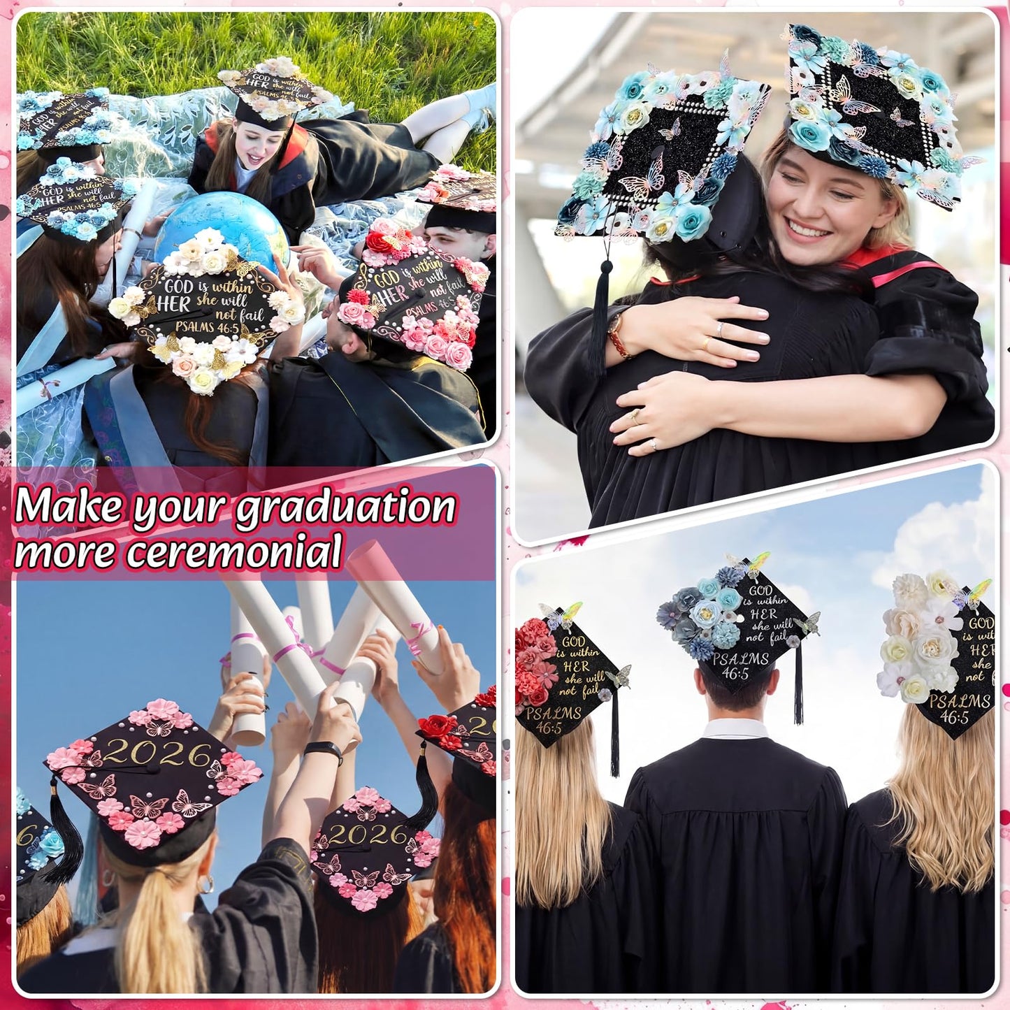 Gersoniel 180 Pcs Graduation Cap Decorations Kit 4 Adjustable Grad Cap, Faux Flower Heads 3D Butterfly Pearl Beads Glitter Glue Totes Bag for 2026 Graduation Dress Grad Hats Topper Party Craft DIY