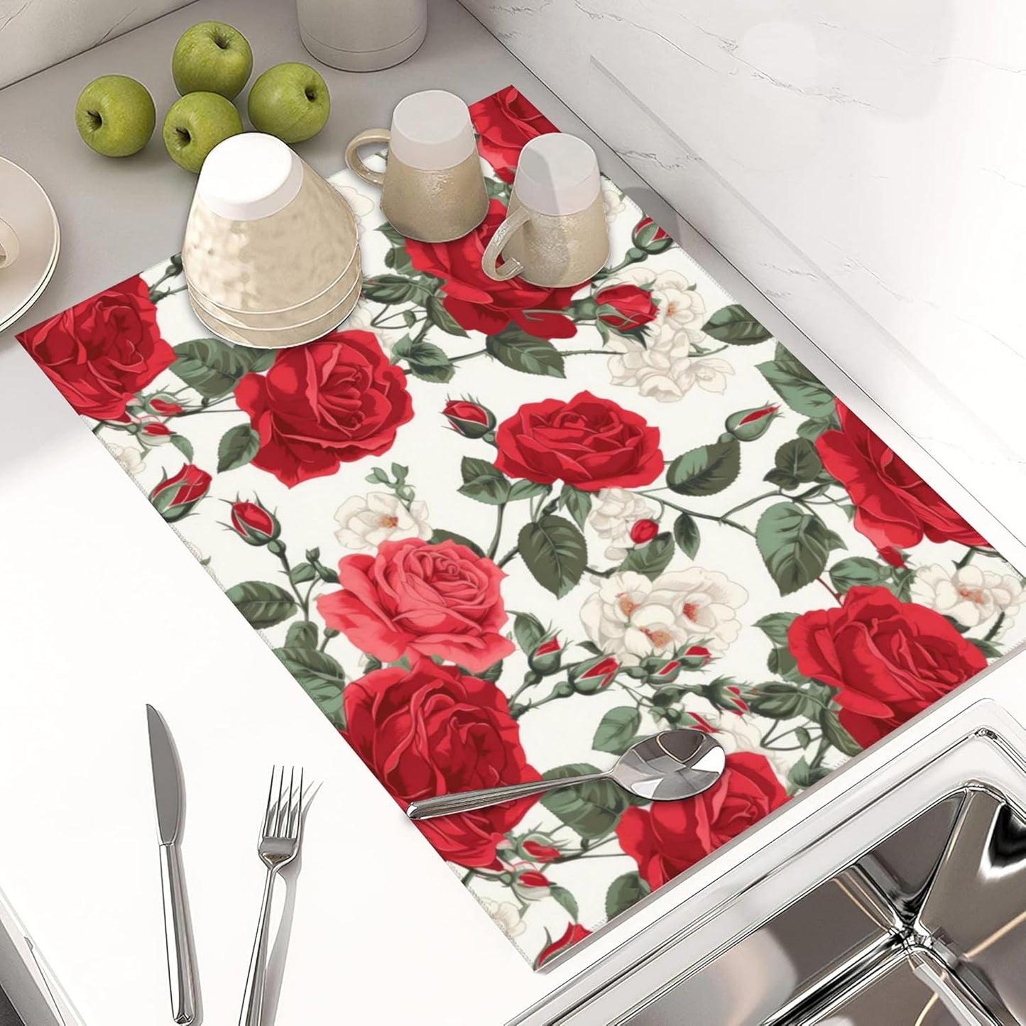 Large Dish Drying Mat for Kitchen Counter,18"X24" Red Rose Flowers Super Absorbent Reversible Microfiber Dish Drying Mat Dish Drainer Mat,Dishes Mat Drying Pad for Kitchen Countertop Coffee Bar
