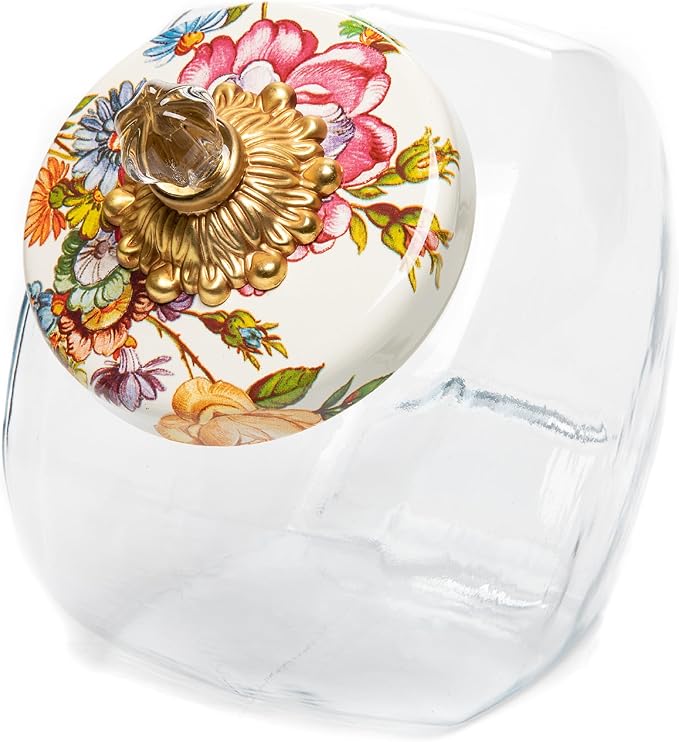 MACKENZIE-CHILDS Sweets Jar with Enamel Lid, Small Glass Cookie Jar or Kitchen Jar, 0.5-Gallon Capacity, White Flower Market