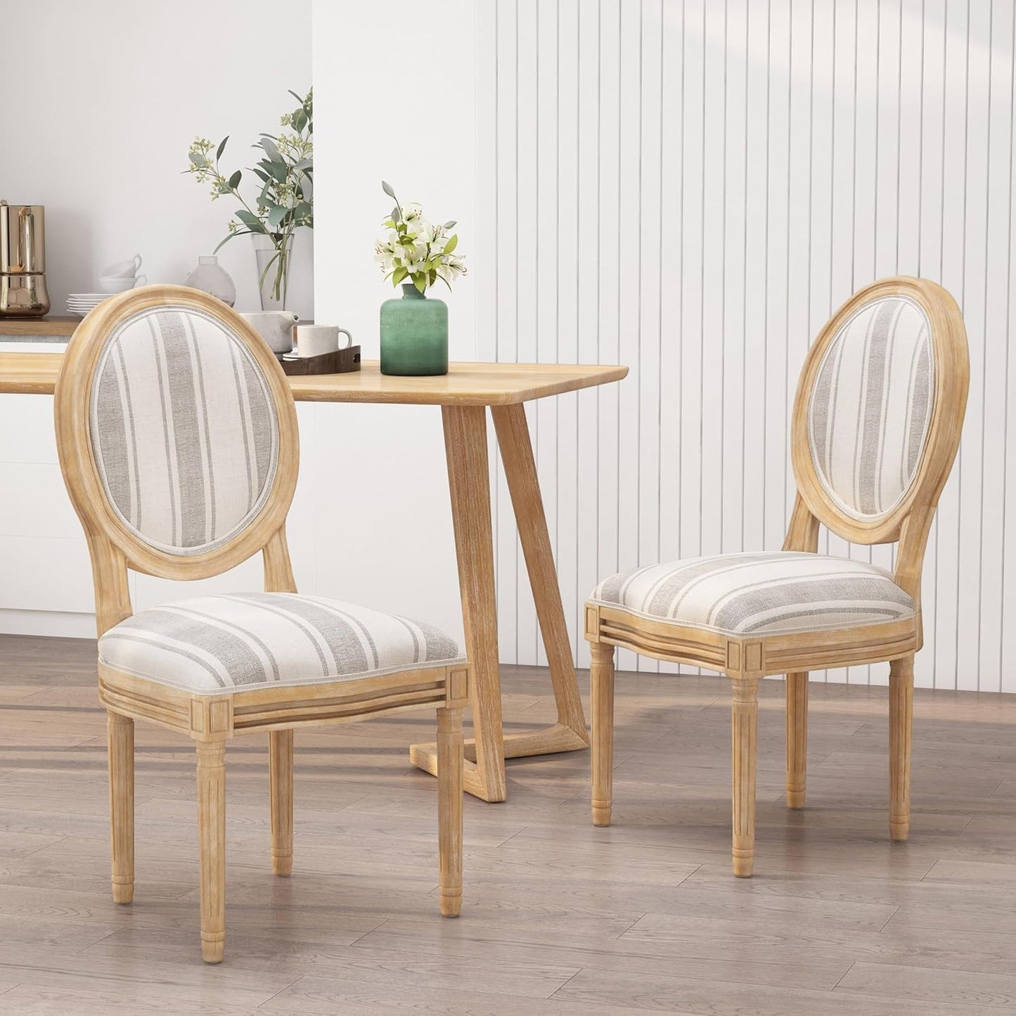 Phinnaeus Dining Chairs - Wood - Gray Stripes/Light Beige (Set of 2)