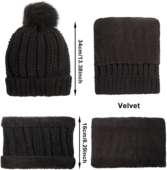 SATINIOR 5 Pcs Winter Hat Scarf Gloves Set Fleece Warm Lined Knit Beanie Hat Touch Screen Earmuff Gloves Warmer for Women(Black,Classic Style)