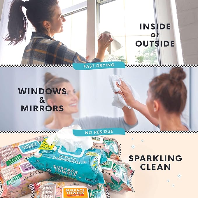 6 Packs Surface Cleaning Wipes Bleach Free, Thick & Large Dispose, All-Purpose Cleaner for Bathroom, Kitchen, Office, 600 Count Soft Flow, Biodegradable, Juniper Scent