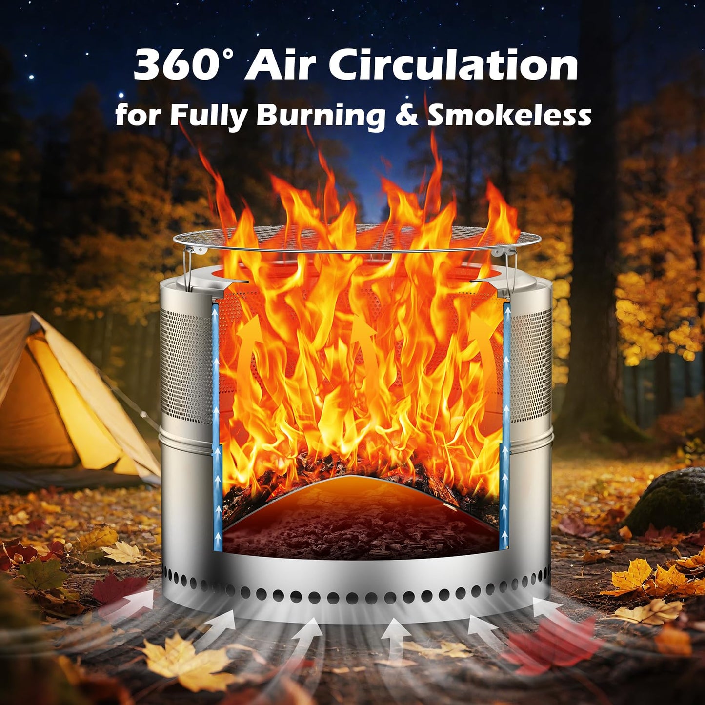 Smokeless Fire Pit with Grill Grate 20 Inch, Portable Stainless Steel Smokeless Firepit, Wood Burning Low Smoke Camping Fire Pit with Ash Pan & Carrying Bag, 360° Airflow, 16.5 lbs for RV & Patio