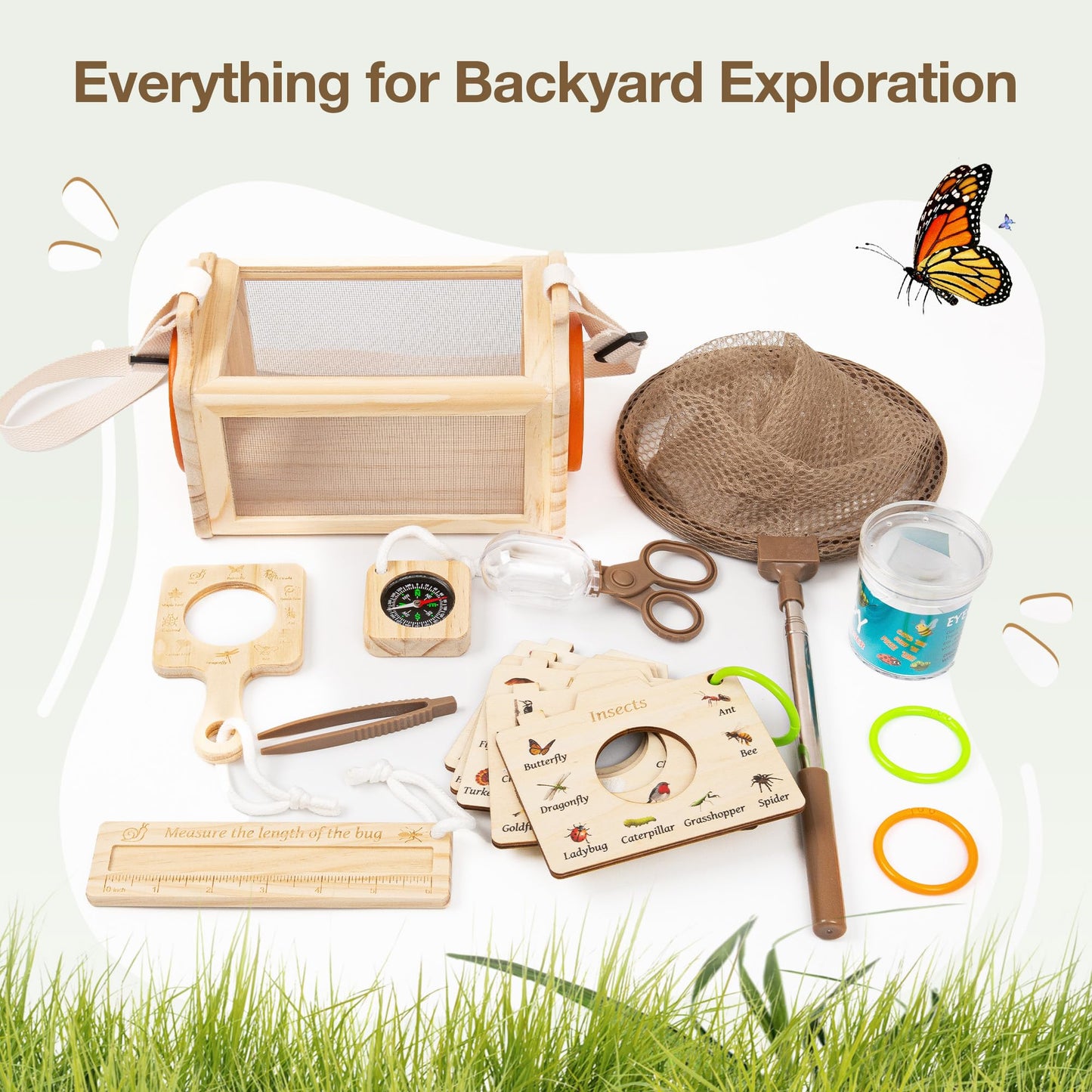Wooden Bug Catcher Kit for Kids, 16-in-1 Outside Toys for Toddlers STEM Outdoor Explorer Set with 3-Way Observation Habitat, Butterfly Net, Magnifying Glass, Educational Gift for Boys Girls Ages 3-8