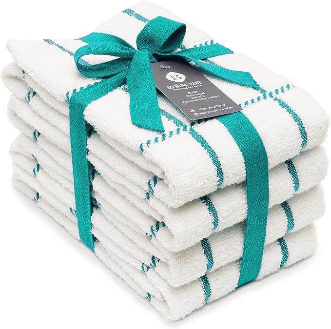 100% Cotton Terry Dish Cloth & Dish Towel (Teal, Dish Towel - 4 Pack(Checks))