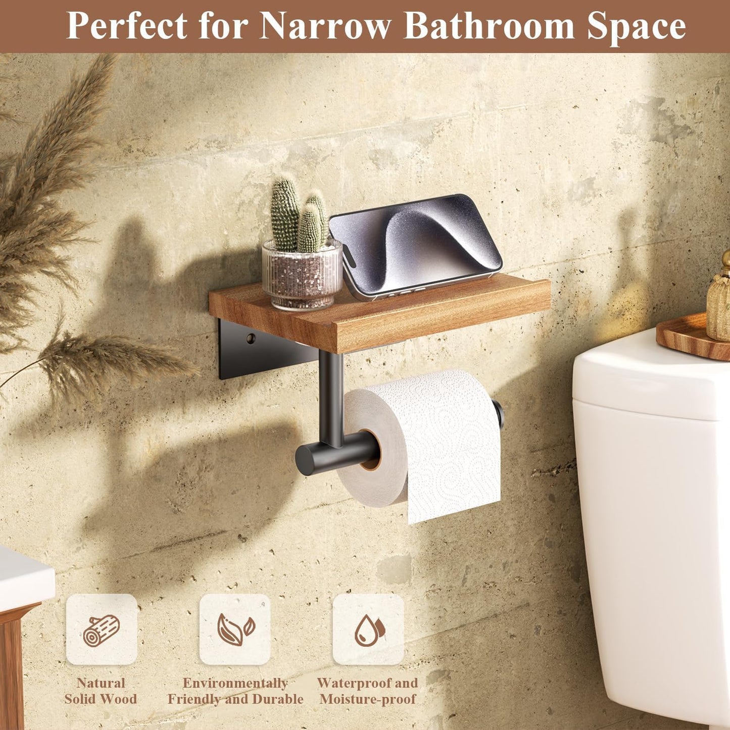 Tindbea Toilet Paper Holder with Wood Shelf, Wooden Wall Mount Tissue Paper Roll Holder, Matte Black Stainless Steel Bathroom Accessories Decor for Home (Sapele, Matte Black)