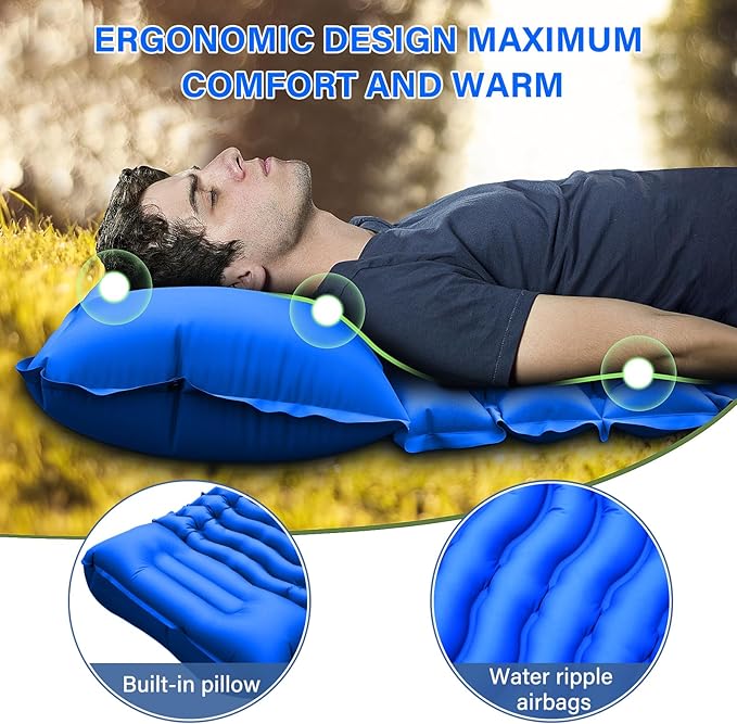 Camping Sleeping Pad with Pillow Built-in Foot Pump Inflatable Sleeping Mat Compact for Camping Backpacking Hiking Traveling - Blue