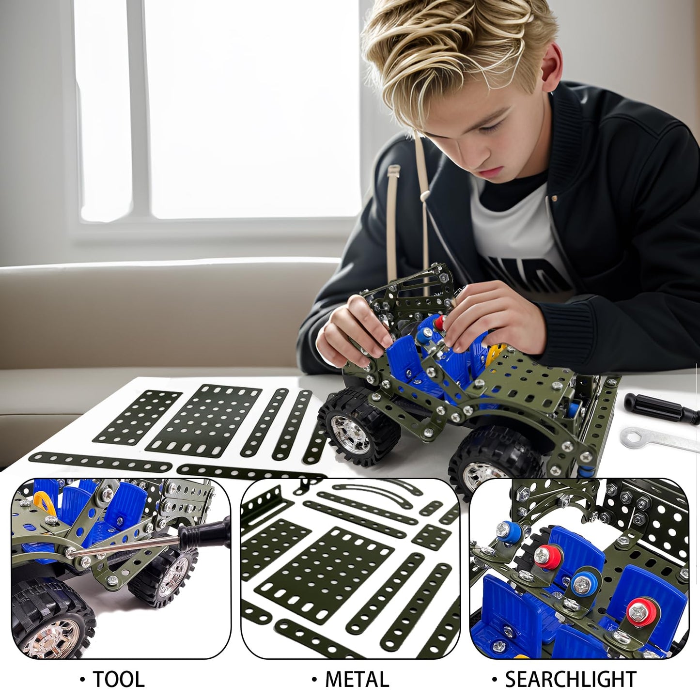 Metal Model Car Kits - 283 Pcs Erector Sets for Boys Age 8-12, Building Toys, STEM Kits for Kids Age 8-10, Assembly Jeep Project Army Toys for Ages 14 and Up, Gifts for 15 16 Year Old Boys and Adults
