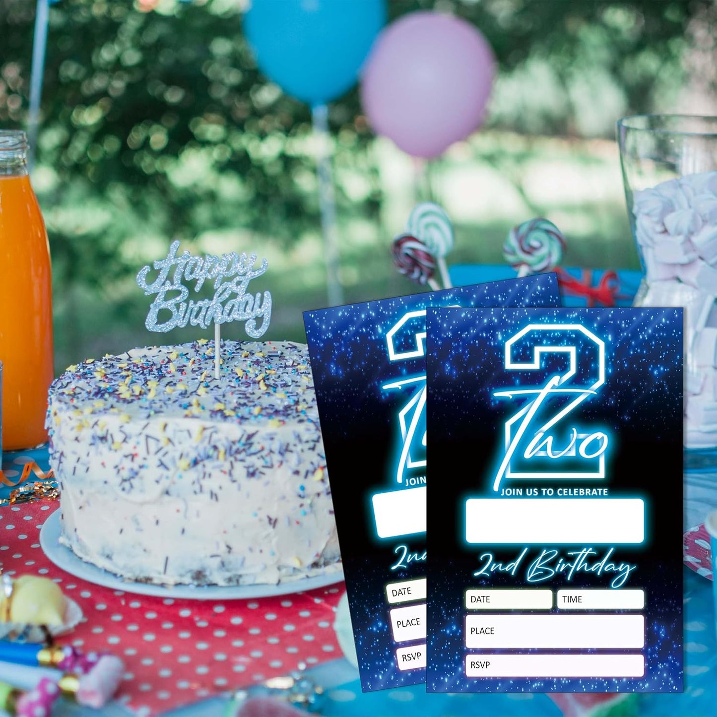 SIXEIGHT Blue 2nd Birthday Invitations for Boys, Neon Glow Party Invitations for Girls Kids, 20 Pack Double Sided Invite Cards with Envelopes, 2nd Glow Neon Birthday Party Decorations, 4x6 Inch-C02