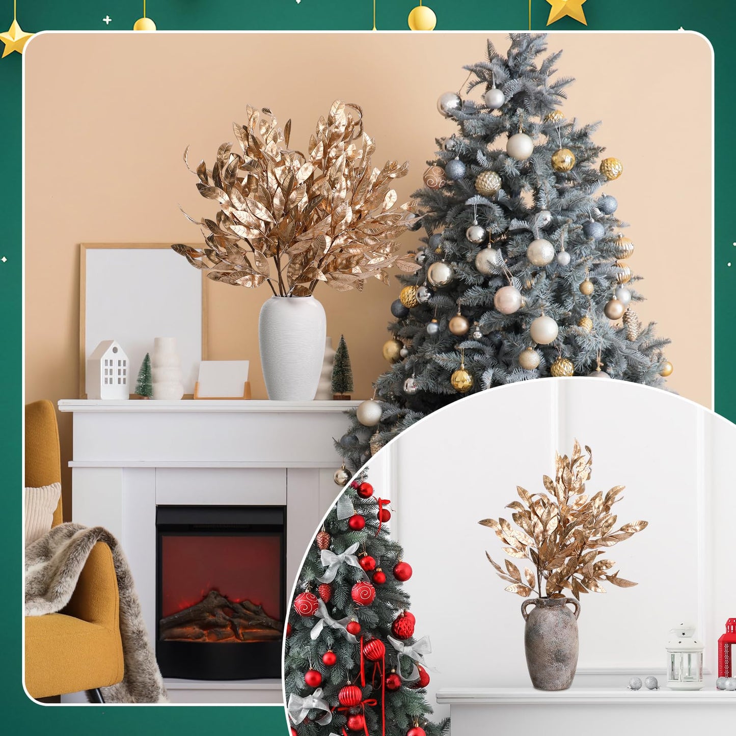 Giegxin 18 Inch Christmas Gold Bay Leaf Picks 6 Pcs Artificial Gold Christmas Decoration Bay Leaf Spray Stems Branch for Xmas Tree DIY Xmas Wreath Garland Home Decor