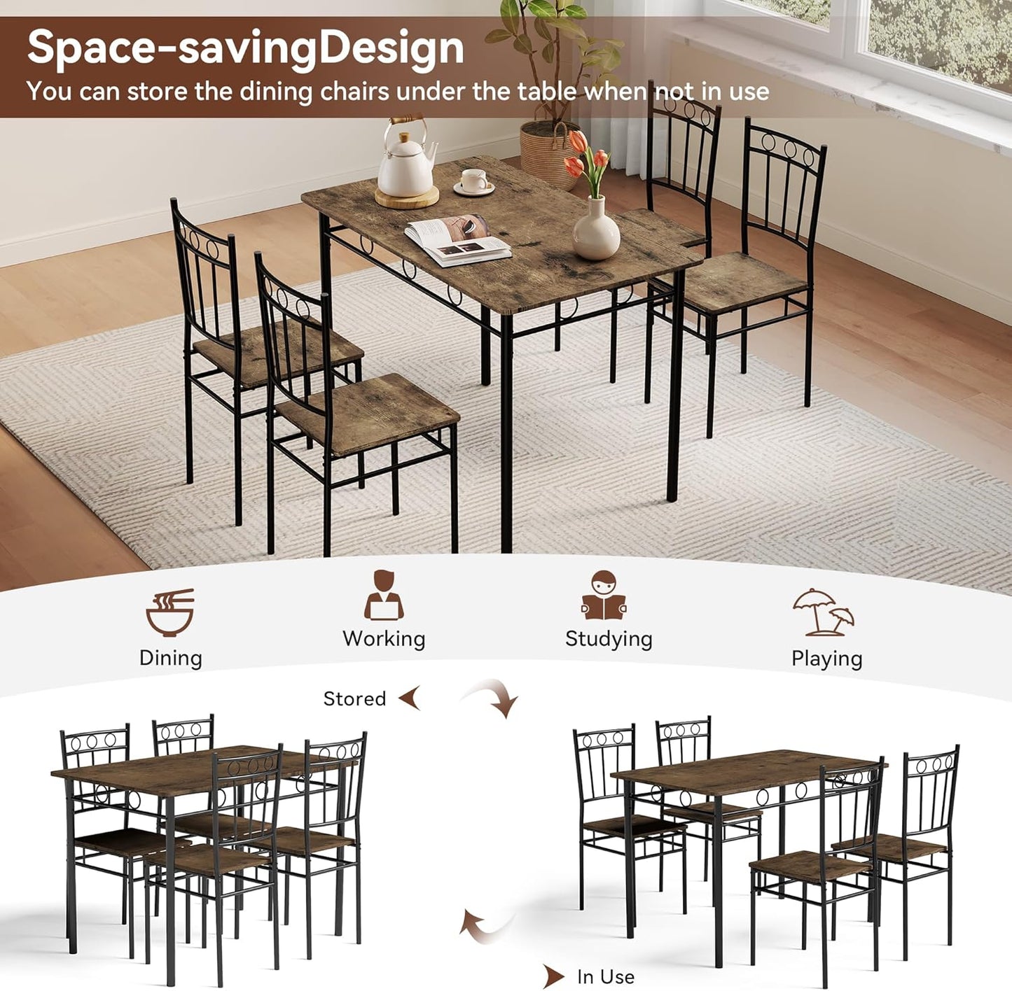 Vipbear Kitchen Dining Table Set for 4, 5-Piece Kitchen Table Set,Dining Room Table Sets,Rectangular Kitchen Table Set with 4 Chairs for Small Space, Dinette,Apartment, Rustic Brown