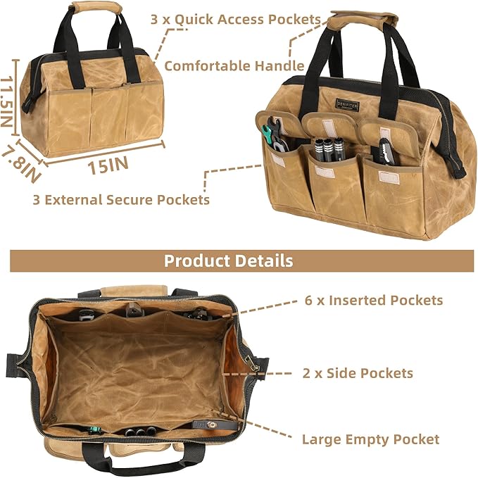 Tool Bag, 15-inch Heavy Duty Wide Mouth Water-Resistant Tool Bag, Tool Tote with Handle for Tools, Wrenches, Screwdrivers (15 X 7.8 X 11.5 inch) | Khaki